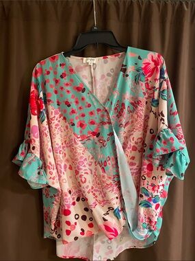 Umgee Aqua and Pink Mixed Print Wrap Top